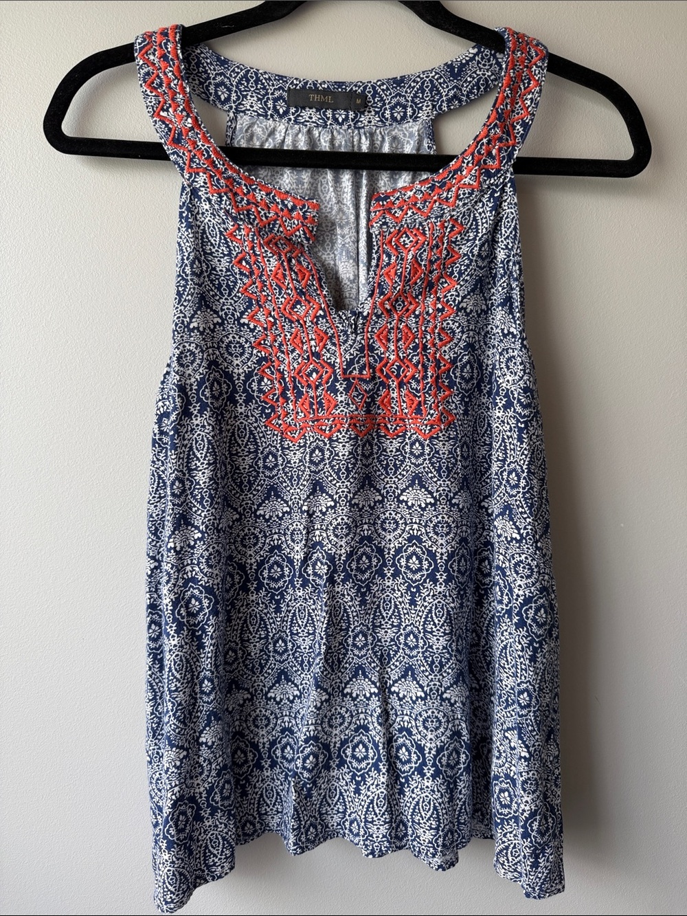 THML Navy & White Printed Tank with Coral Embroidery medium